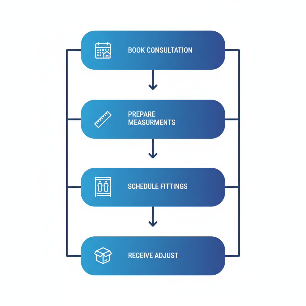 Vertical process flow diagram illustrating the five steps to get a bespoke tuxedo shirt in Vancouver, featuring icons for each stage.