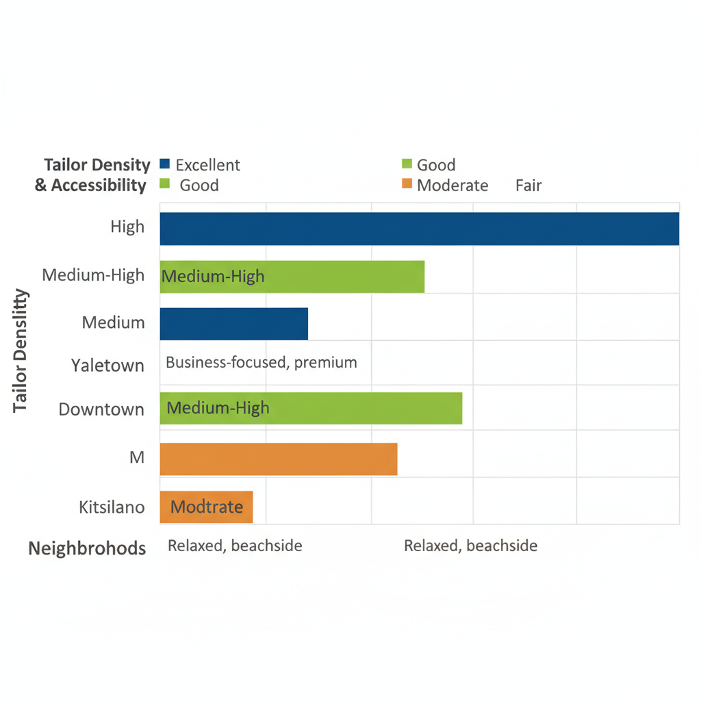 Horizontal bar chart comparing tailor density and accessibility in Vancouver's Downtown, Yaletown, and Kitsilano neighborhoods