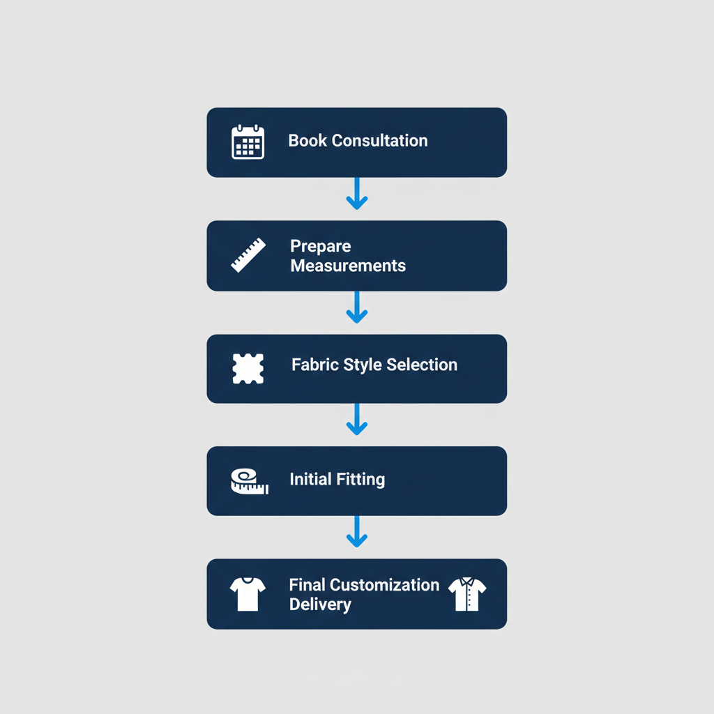 Vertical process flow diagram illustrating the five key stages for starting custom shirt services: booking consultation, preparing measurements, fabric and style selection, initial fitting, and final customization with delivery.