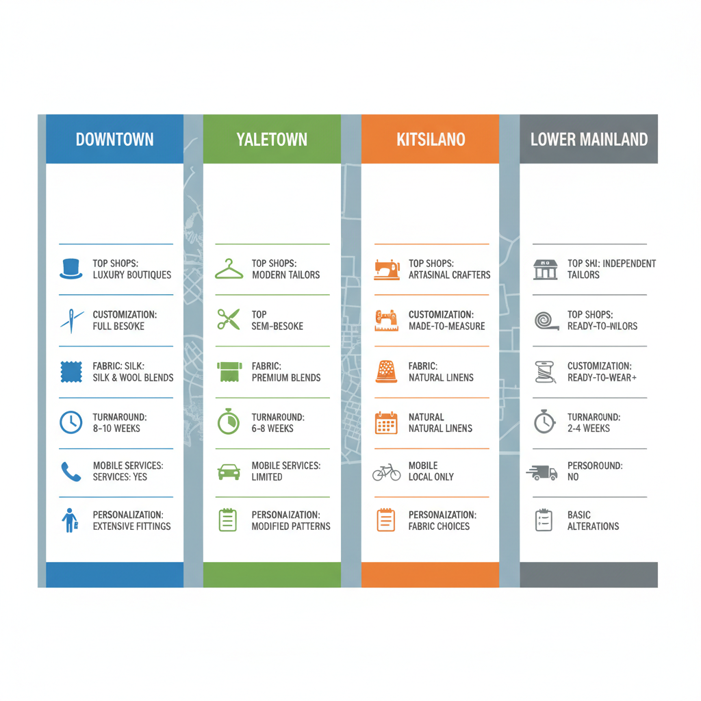 Infographic comparing suit options including shops, customization, fabrics, and turnaround in Vancouver neighborhoods: Downtown, Yaletown, Kitsilano, and Lower Mainland.