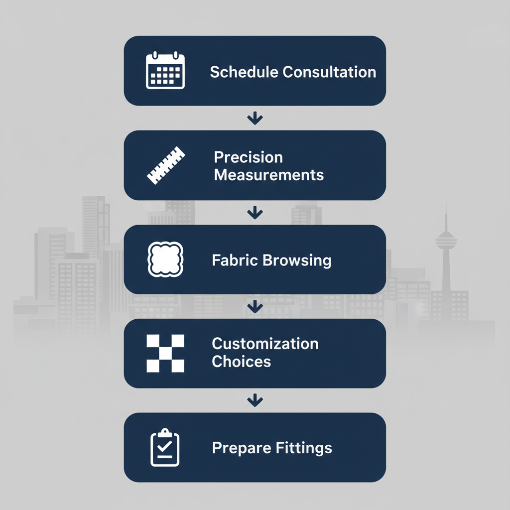 Vertical process flow diagram of five steps to begin a custom suit journey in Vancouver, featuring icons for scheduling, measuring, fabric selection, customization, and fitting preparation.