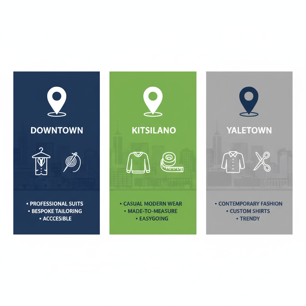 Infographic comparing menswear in Vancouver's Downtown, Kitsilano, and Yaletown neighborhoods