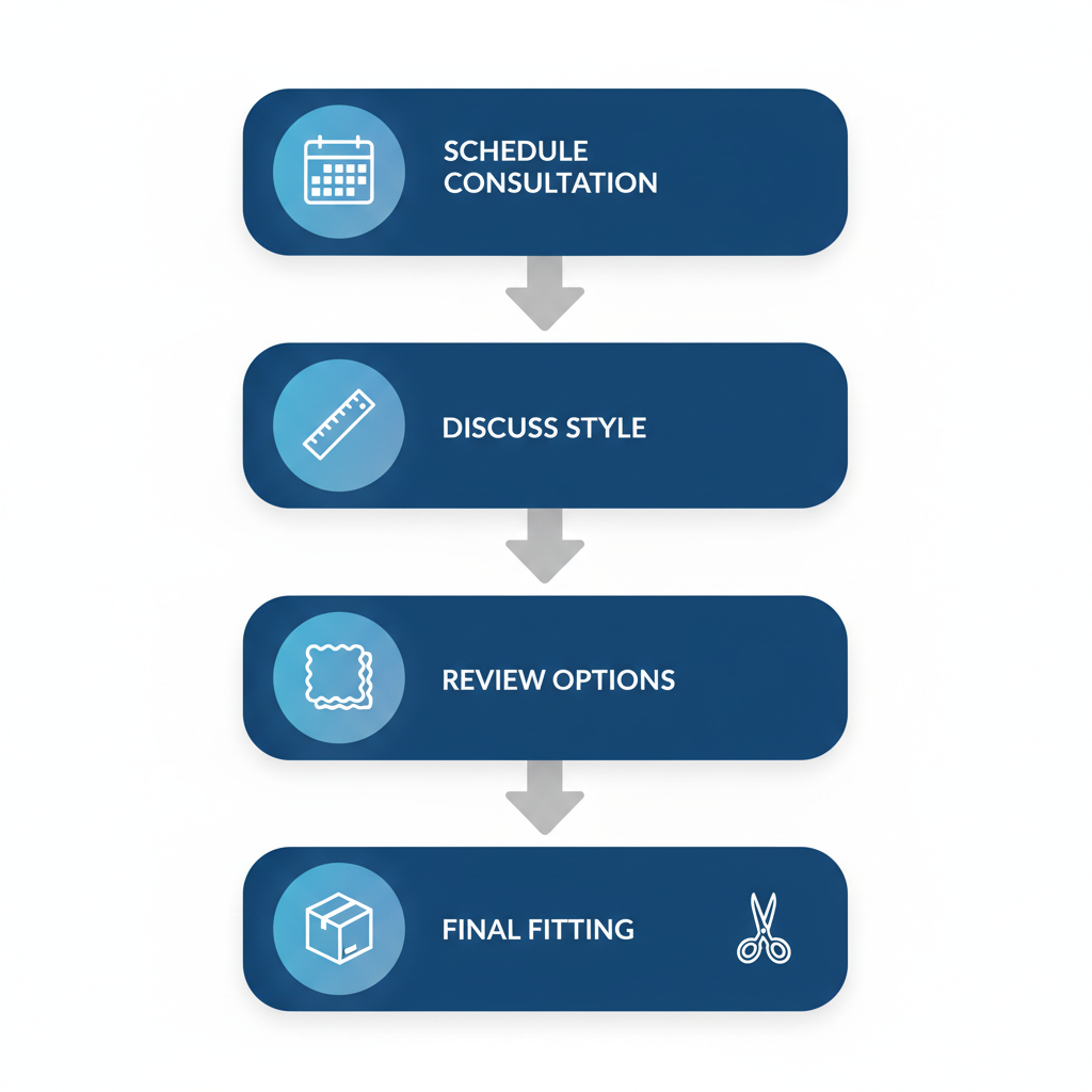 Vertical process flow illustrating five steps to start a custom suit: scheduling in-home consultation, discussing style and measurements, reviewing customization options, receiving delivery, and final fitting with alterations.