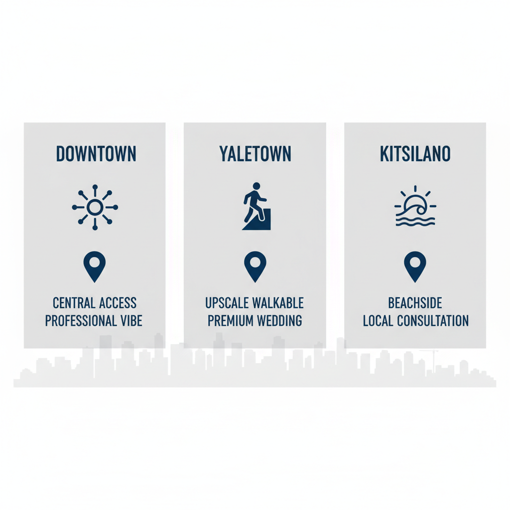 Infographic comparing three Vancouver neighborhoods for bespoke tailoring: Downtown, Yaletown, and Kitsilano with icons and minimal attribute labels.