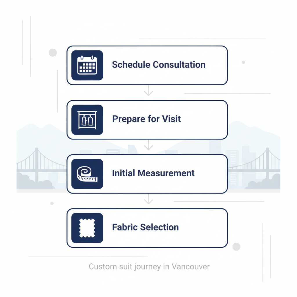 Vertical process flow diagram showing four steps to start a custom suit journey with icons and labels.