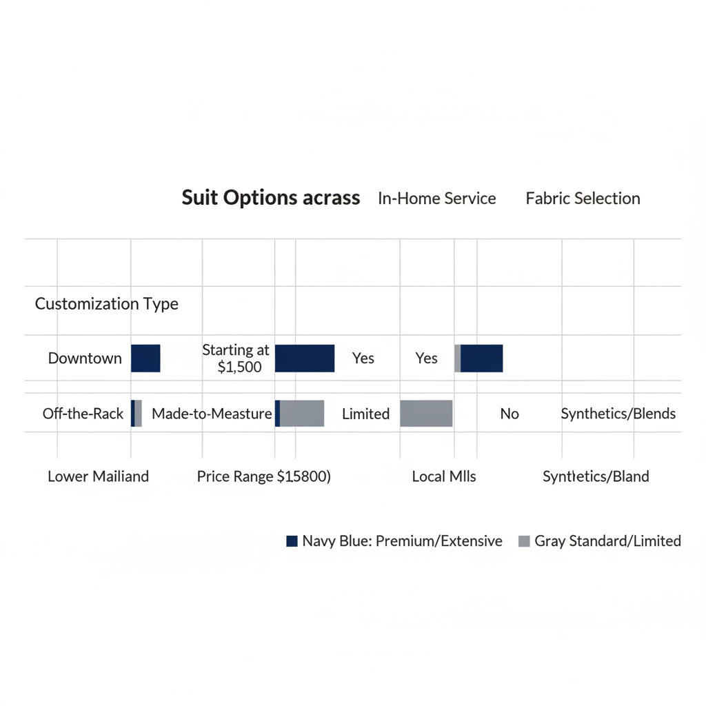 Comparison chart of bespoke suit options in Vancouver areas including Downtown, Gastown, and Lower Mainland