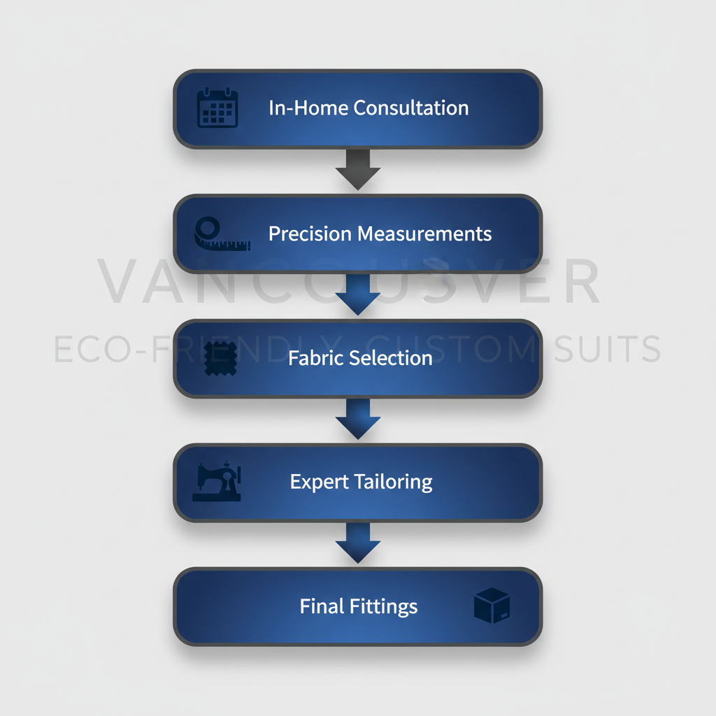 Vertical process flow diagram illustrating the five stages of bespoke and made-to-measure suit services in Vancouver