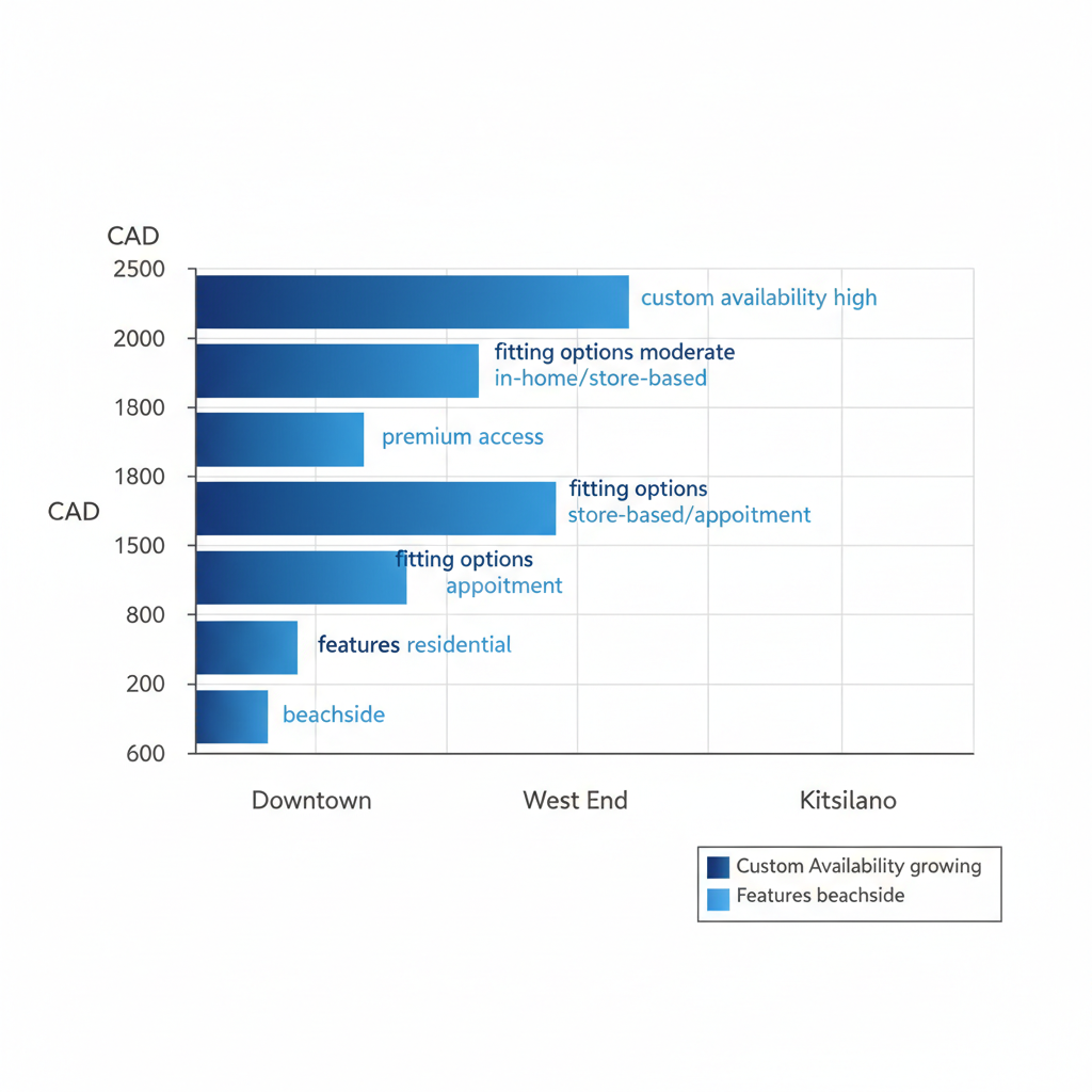 Horizontal bar chart comparing average suit prices and customization options in Vancouver's Downtown, West End, and Kitsilano neighborhoods