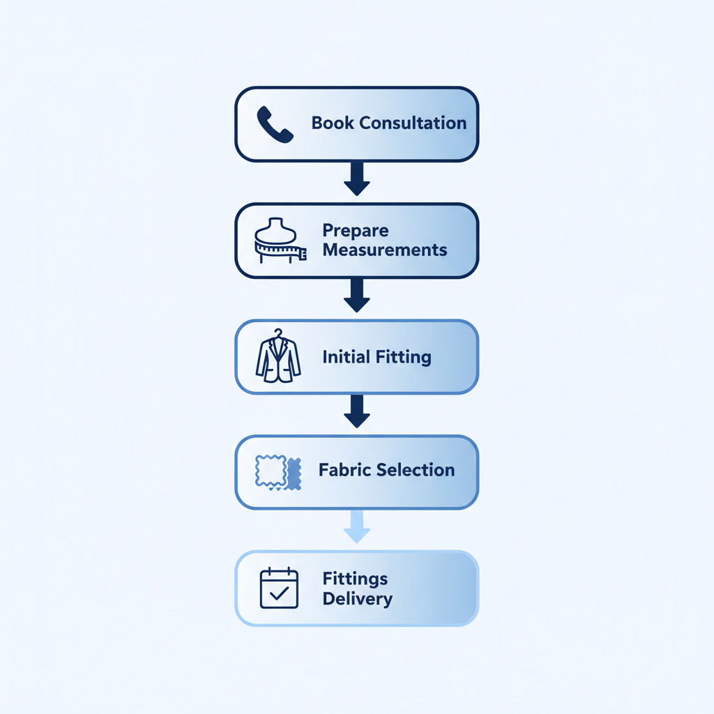 Vertical flowchart illustrating the five-step process for starting custom suits: booking consultation, preparing measurements, initial fitting, fabric and detail selection, and multiple fittings with delivery.