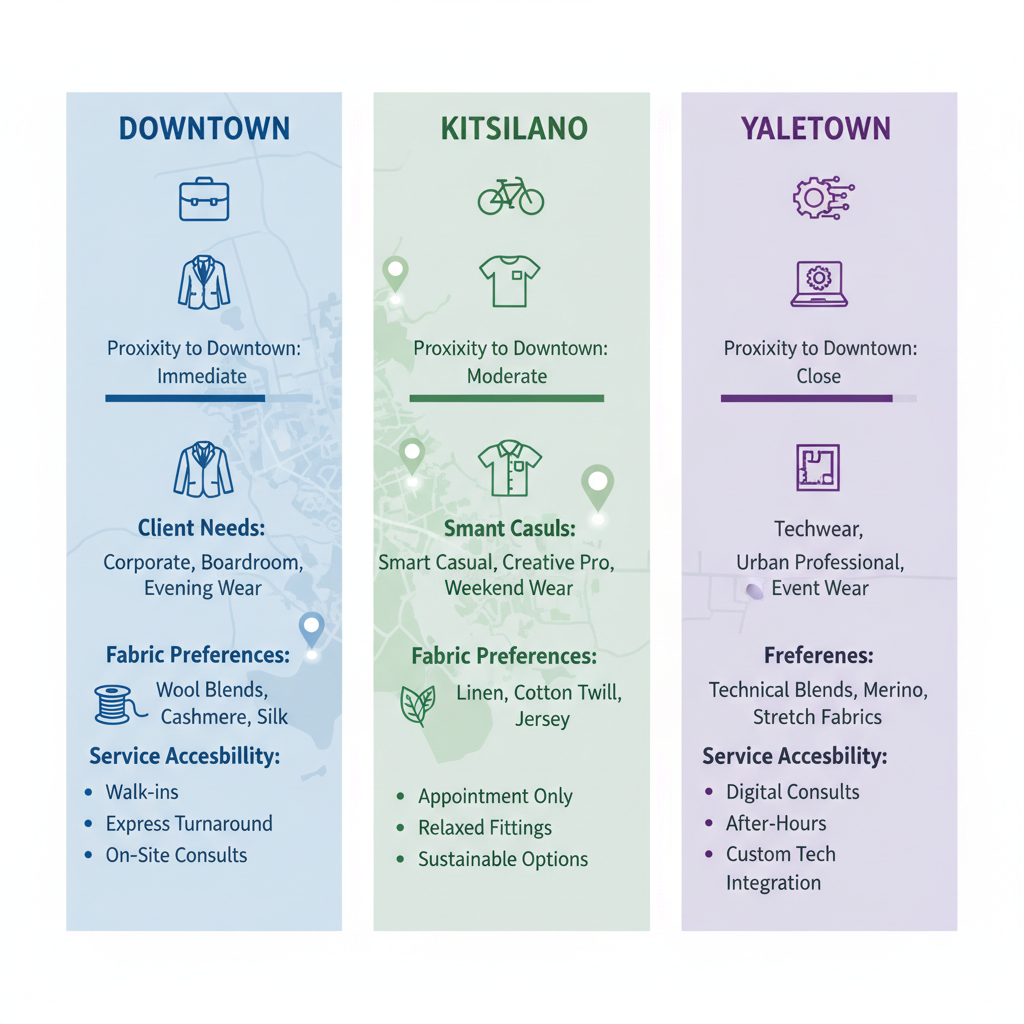 Infographic illustrating bespoke tailoring services and access in Vancouver's Downtown, Kitsilano, and Yaletown neighborhoods with icons and details.