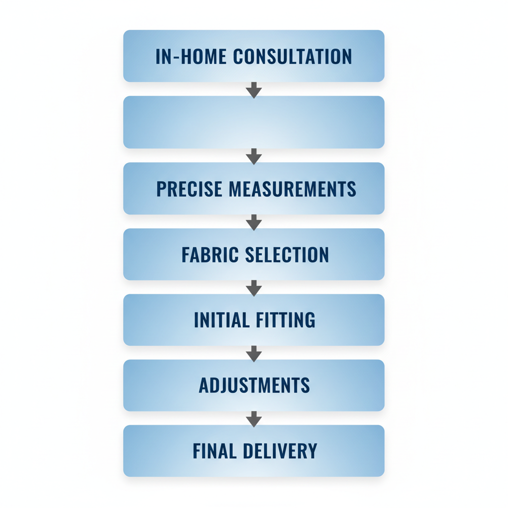 Vertical process flow diagram illustrating the six stages of bespoke and made-to-measure suit services from in-home consultation to final delivery.