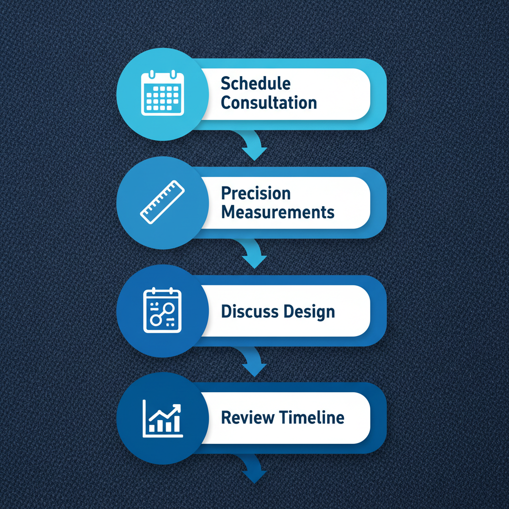Vertical process flow diagram illustrating the five key steps to begin a custom suit journey: scheduling in-home consultation, precision measurements, initial design discussion, fabric and lining selection, and timeline and pricing review with relevant icons.