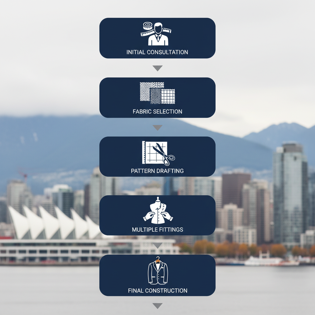 Vertical process flow diagram illustrating the five stages of bespoke suit creation from consultation to delivery in Vancouver