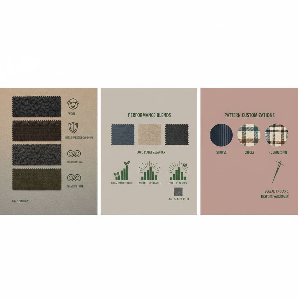Landscape infographic showing premium wool, blend, and pattern fabric options for bespoke suits with earth tones and green accents