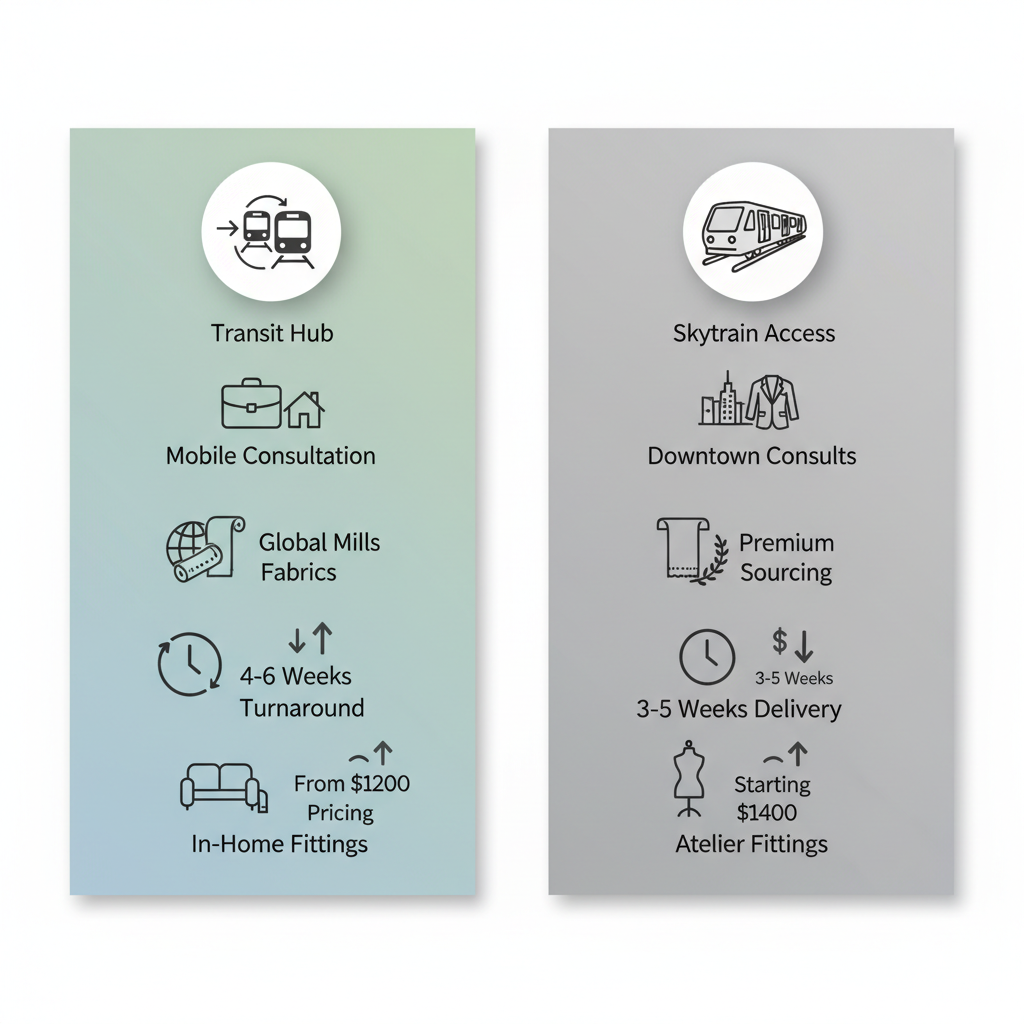 Infographic comparing tailoring services in Burnaby and Vancouver with icons for accessibility, options, fabrics, turnaround, pricing, and features.