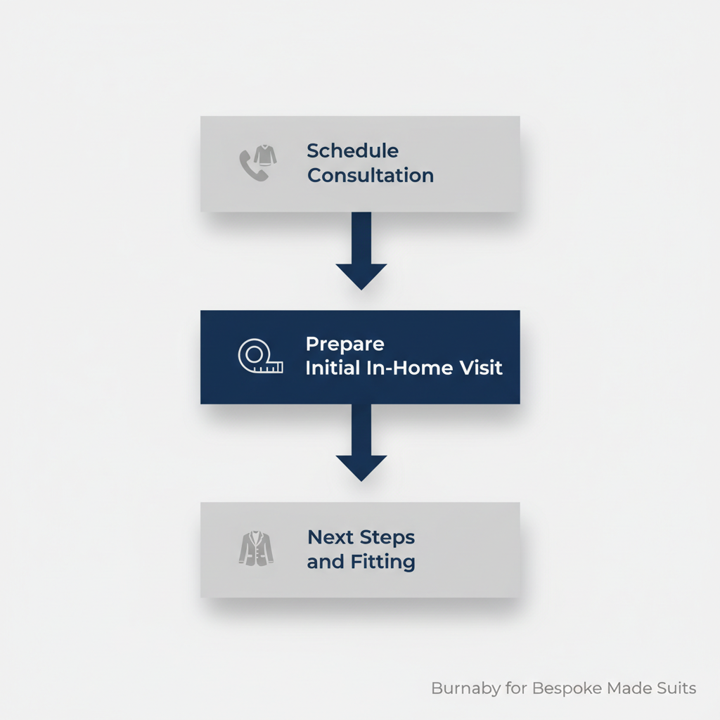 Vertical process flow diagram showing four steps to start custom suits in Burnaby: scheduling consultation, preparing preferences, in-home visit, and next steps fitting.