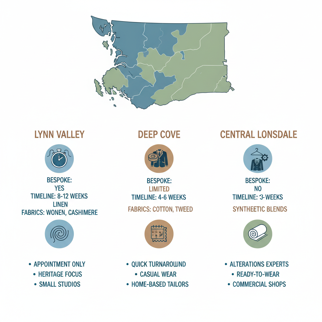 Infographic showing tailoring ecosystem in North Vancouver neighborhoods: Lynn Valley, Deep Cove, Central Lonsdale, with icons for bespoke services, timelines, and fabric options.