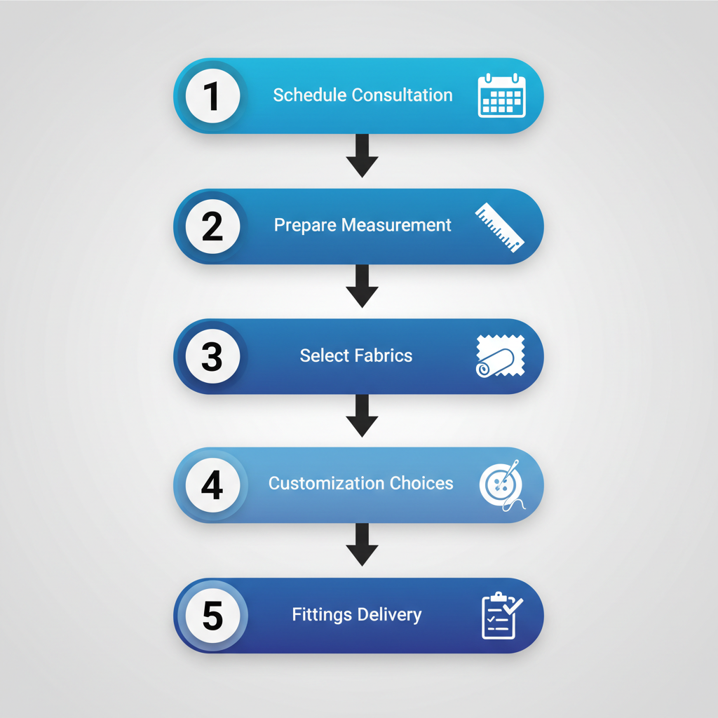 Vertical process flow diagram showing five steps to order custom suits: schedule consultation, prepare measurement, select fabrics, customization choices, and fittings delivery.