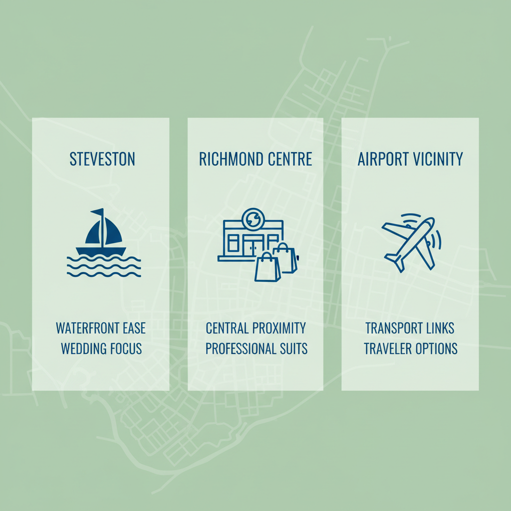 Infographic comparing three Richmond neighborhoods for custom suit access, featuring icons and key factors for Steveston, Richmond Centre, and Airport Vicinity.