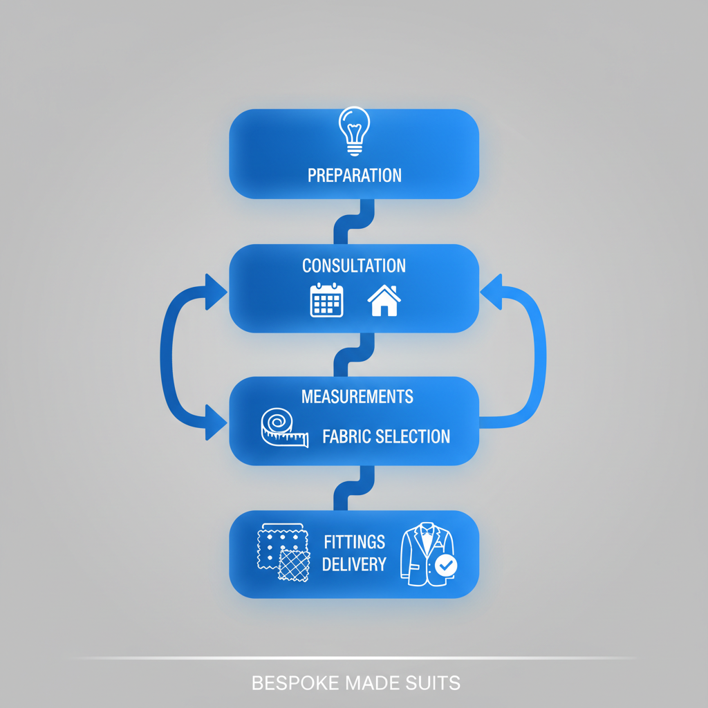 Vertical process flow illustrating the five-step custom suit journey in Richmond: preparation, consultation scheduling, measurements, fabric selection, and fittings.