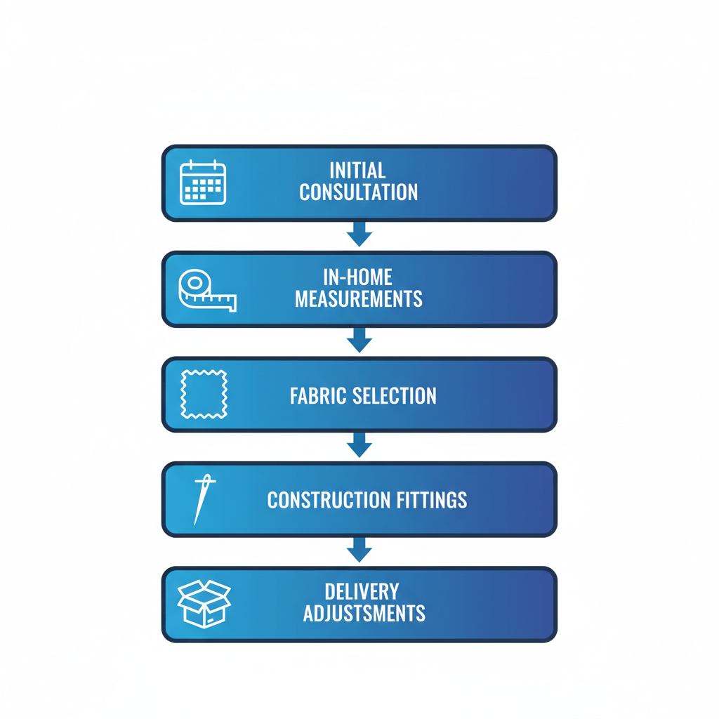 Vertical process flow diagram illustrating five stages of custom suit service in Richmond with icons and connections