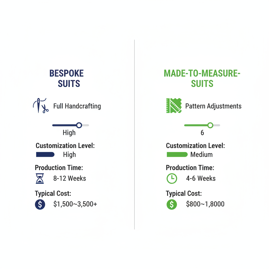 Infographic comparing bespoke and made-to-measure suit options in Richmond, BC, highlighting customization, time, and cost differences