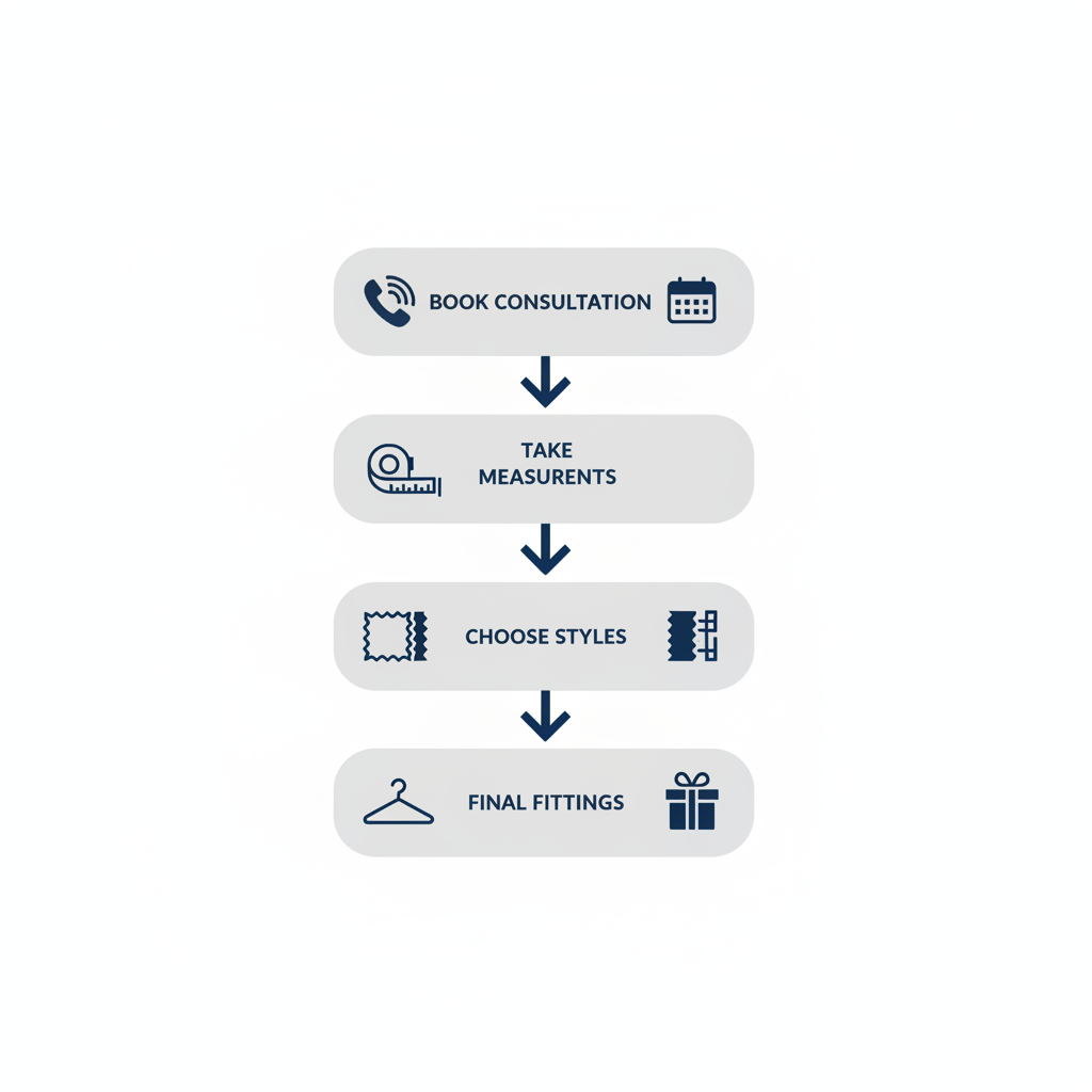 Vertical process flow illustrating steps to begin custom suit journey in Richmond: book in-home consultation, take precision measurements, choose styles and fabrics, attend fittings and receive delivery.
