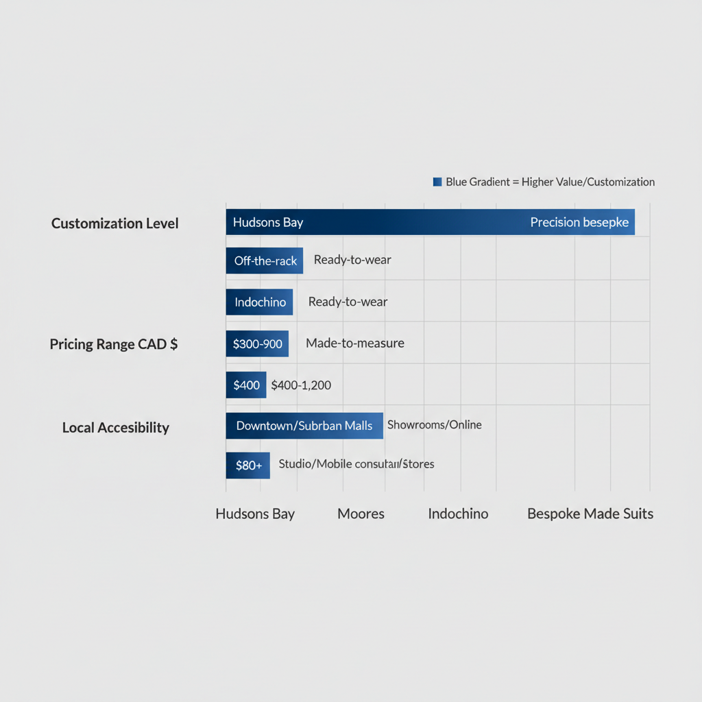 Horizontal bar chart comparing customization level, pricing, and accessibility of Vancouver suit stores including Hudson's Bay, Moores, Indochino, and Bespoke Made Suits