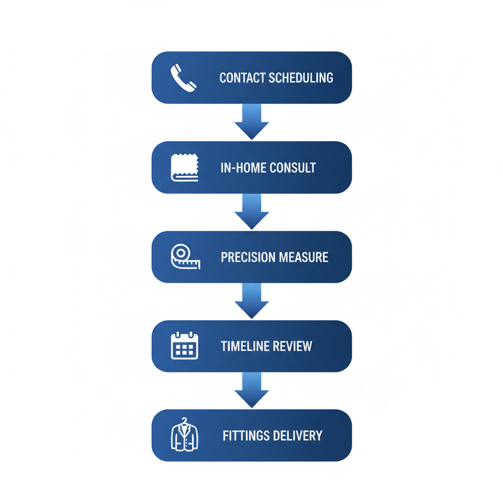 Vertical process flow illustrating five stages of starting a custom suit journey: contact scheduling, in-home consultation, precision measurements, timeline review, and fittings delivery with icons.