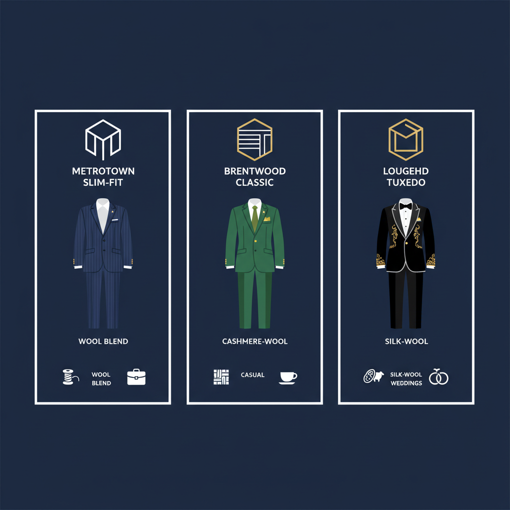 Infographic comparing suit styles in Metrotown, Brentwood, and Lougheed neighborhoods of Burnaby with fabric and occasion icons
