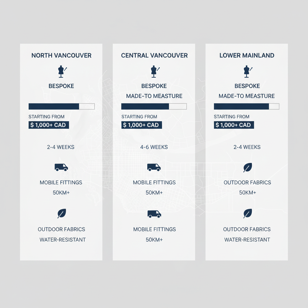 Infographic comparing custom suit tailoring options in North Vancouver, Central Vancouver, and Lower Mainland areas with icons, prices, and features