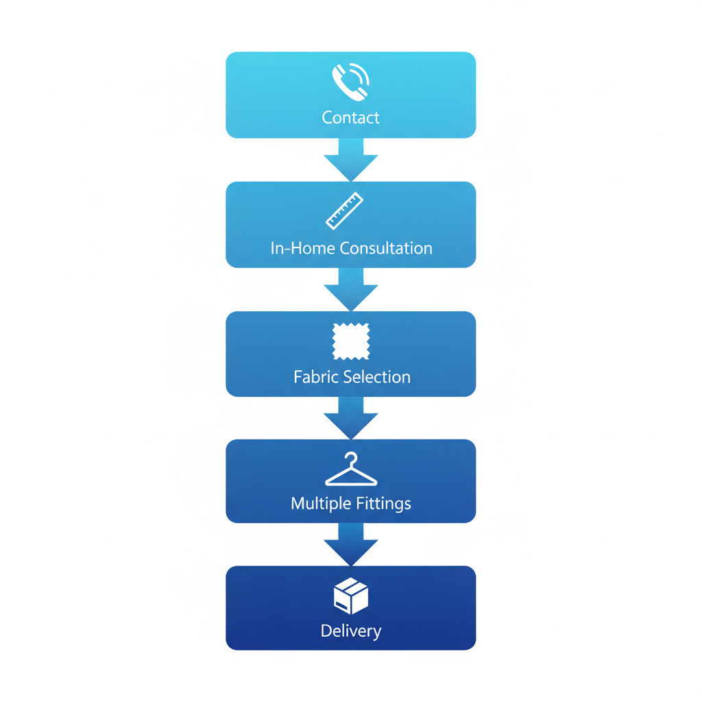 Vertical process flow diagram illustrating the five steps to begin a custom suit journey in North Vancouver with icons for each stage.