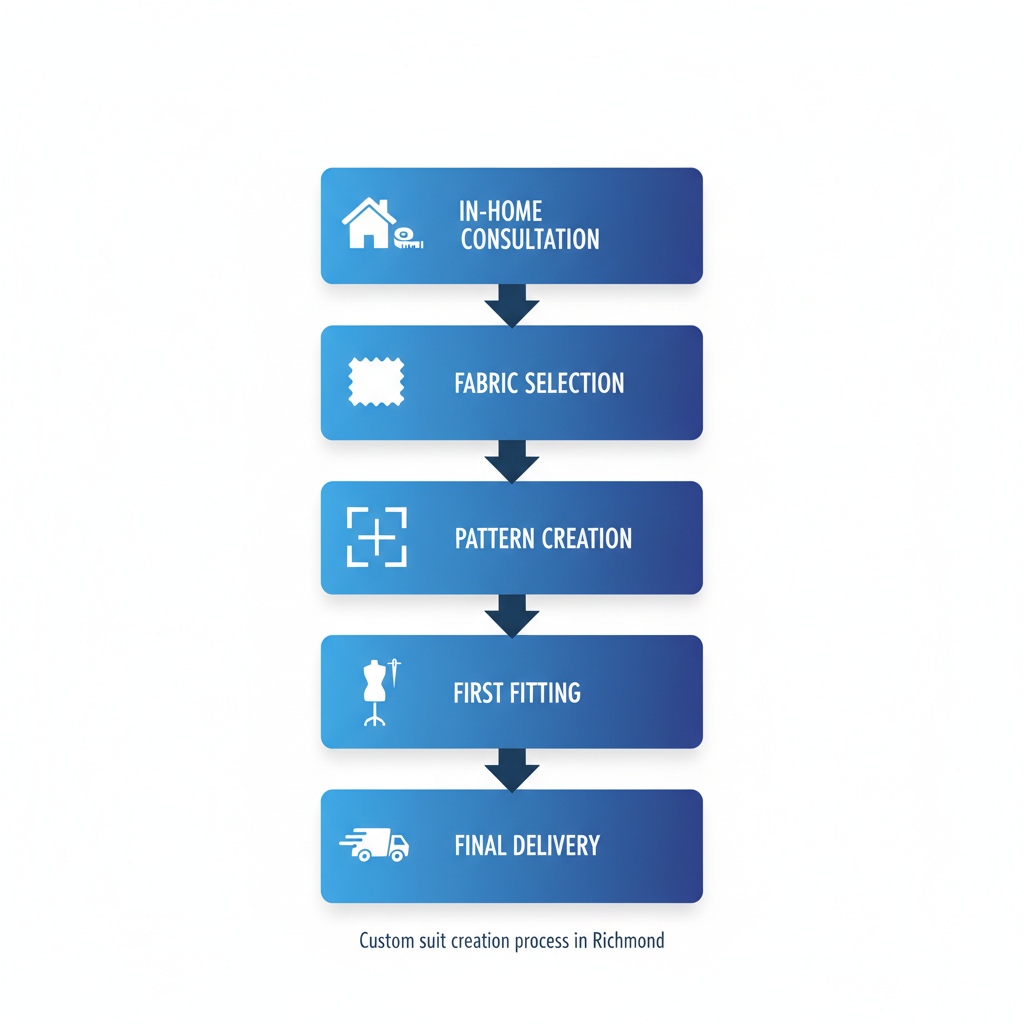 Vertical process flow diagram illustrating the five steps to a custom suit in Richmond, featuring icons for each stage from consultation to delivery
