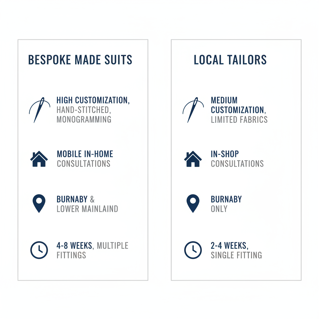 Infographic comparing custom suit services: Bespoke Made Suits vs. generic tailors in Burnaby, highlighting customization, consultations, coverage, and timelines with icons.
