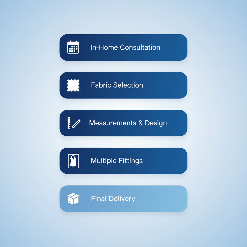 Vertical process flow diagram illustrating the five stages of bespoke suit creation: in-home consultation, fabric selection, measurements and design, multiple fittings, and final delivery.