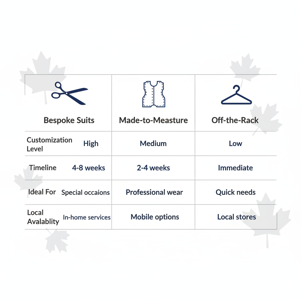 Infographic comparing bespoke suits, made-to-measure suits, and off-the-rack options in North Vancouver with customization levels, timelines, and availability details.