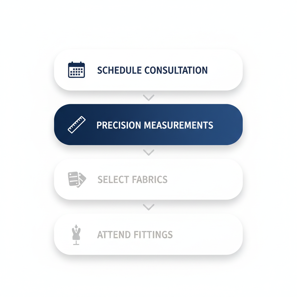 Vertical process flow illustrating the steps to get started with custom suits in North Vancouver: scheduling consultation, measurements, fabric selection, and fittings.