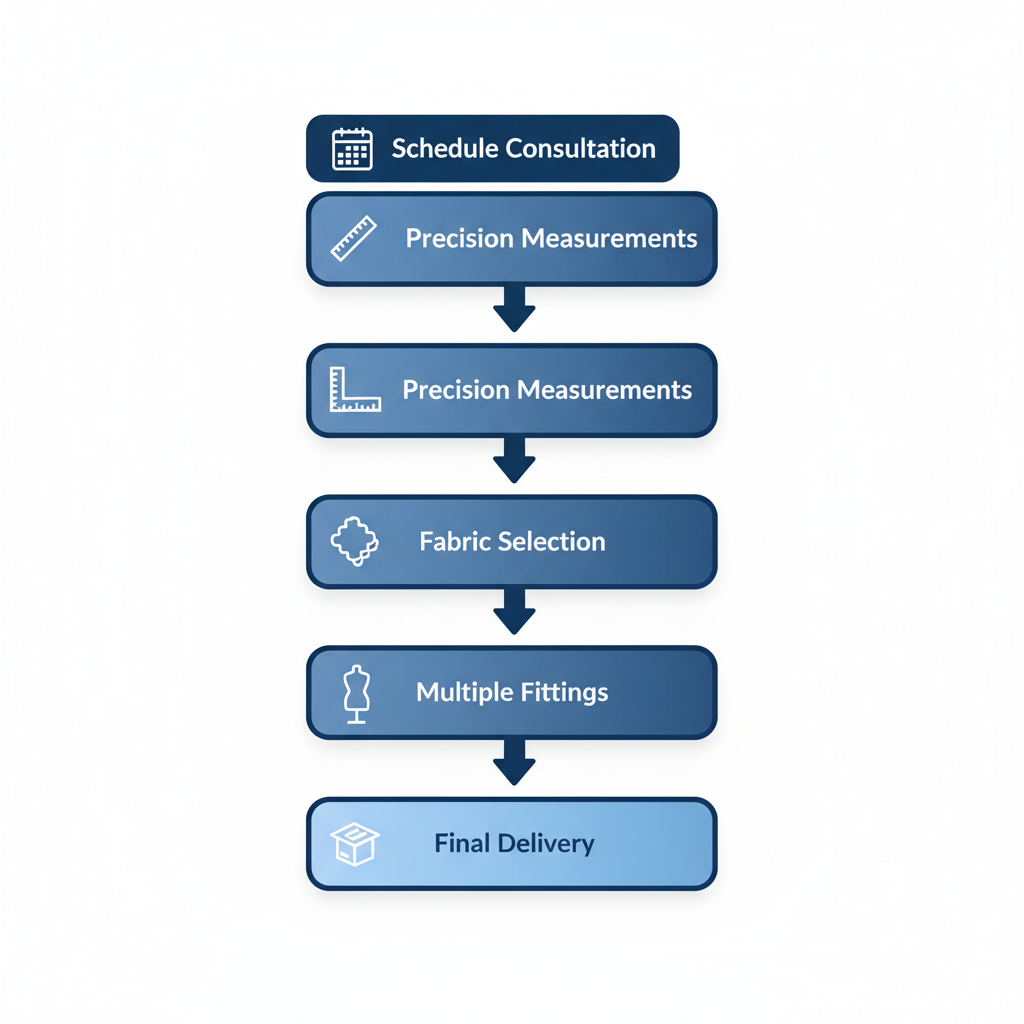 Vertical process flow illustrating five steps for acquiring a custom suit: scheduling consultation, precision measurements, fabric selection, multiple fittings, and delivery.