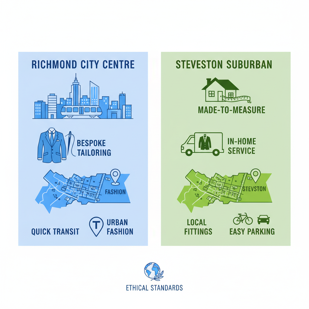 Infographic comparing suit retail options in Richmond's City Centre and Steveston neighborhoods using icons and color-coded panels.