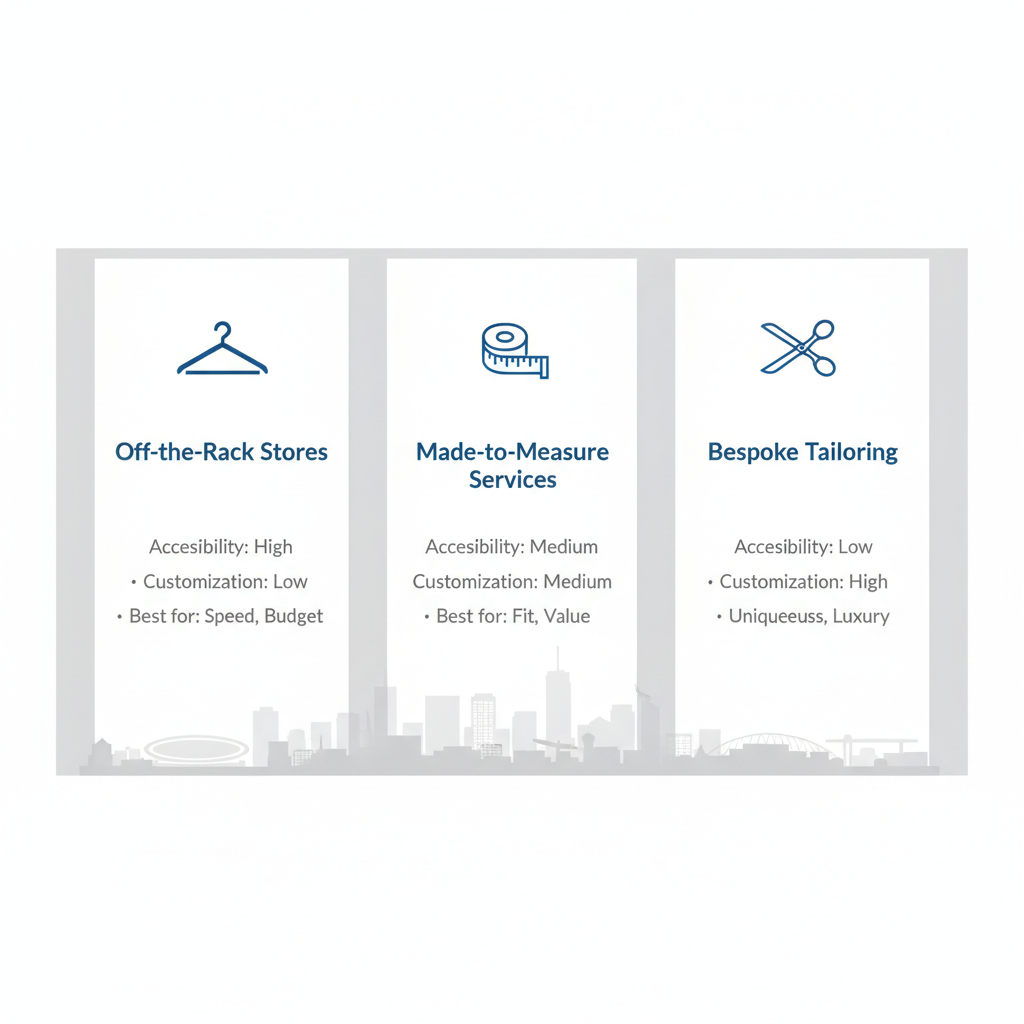Infographic comparing suit retail options in Richmond, BC: off-the-rack, made-to-measure, and bespoke tailoring with icons and key details.