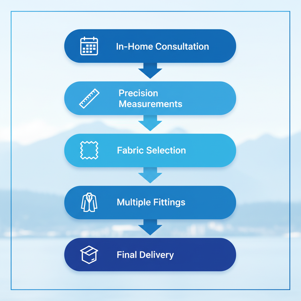 Vertical process flow diagram of custom suit tailoring stages in Richmond, BC: in-home consultation, precision measurements, fabric selection, multiple fittings, and final delivery.