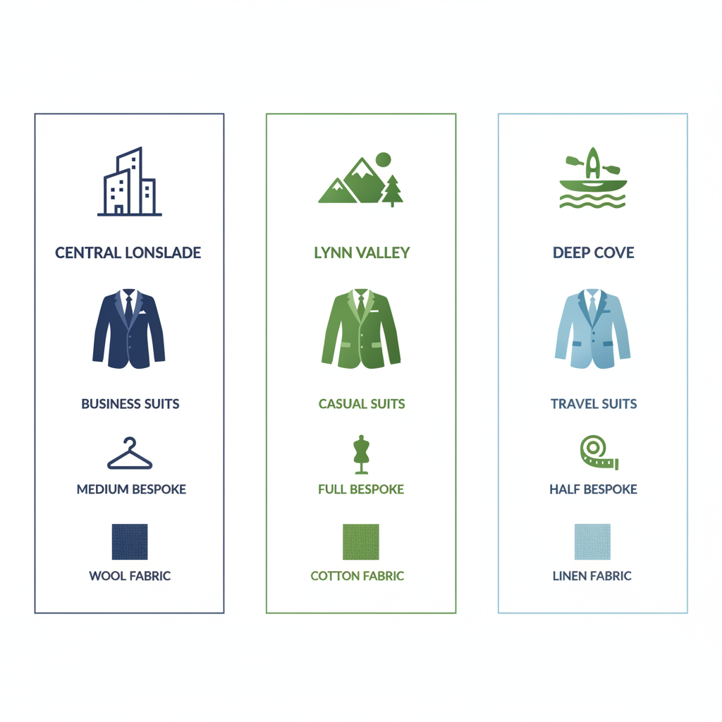 Infographic comparing suit styles, customization options, and fabric recommendations for North Vancouver neighborhoods including Central Lonsdale, Lynn Valley, and Deep Cove