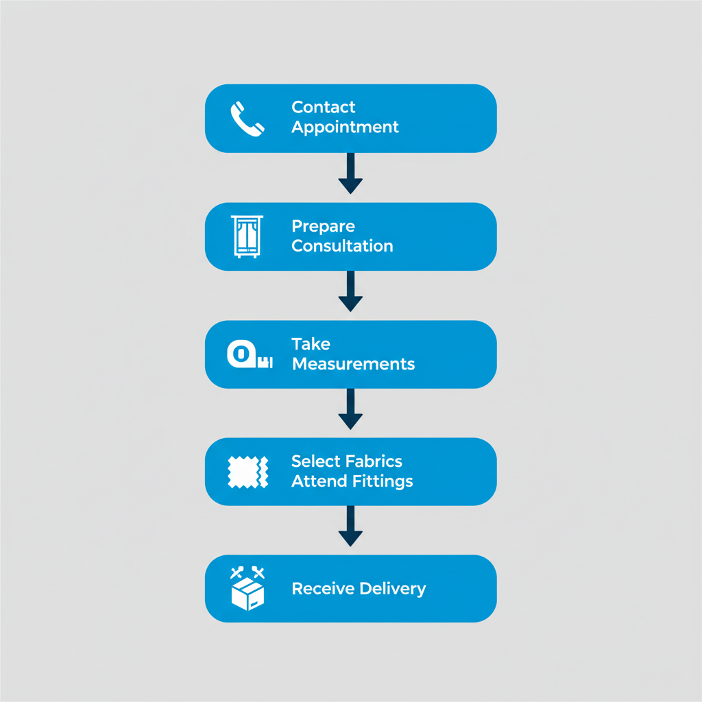 Vertical process flow diagram showing six steps for custom suit ordering: contact for appointment, prepare consultation, take measurements, select fabrics, attend fittings, and receive delivery with professional icons.