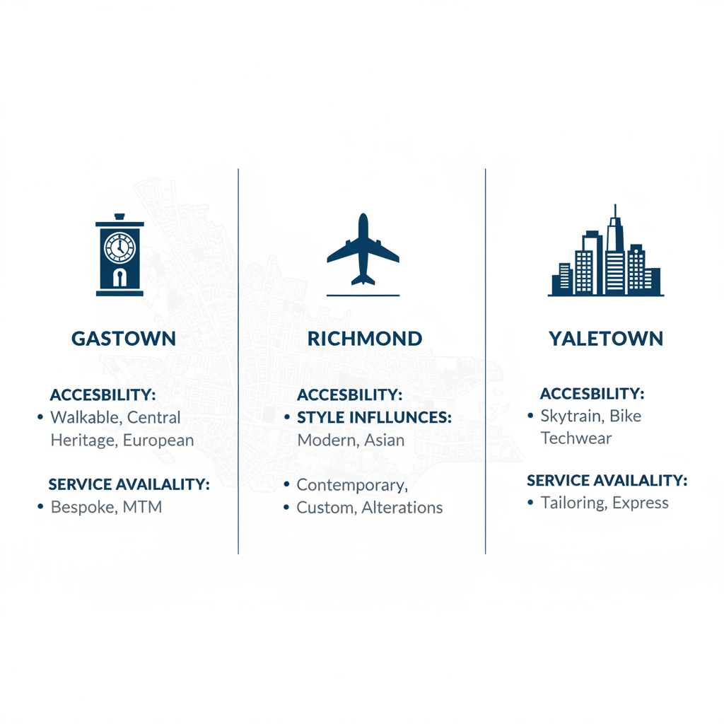 Infographic comparing Gastown, Richmond, and Yaletown for bespoke tailoring in Vancouver with icons and key service attributes.