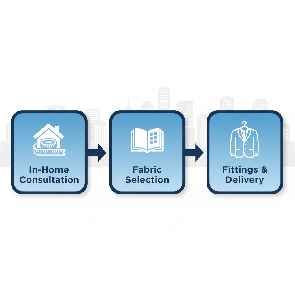 Horizontal process flow diagram of custom suit service stages in Vancouver with icons for consultation, fabric selection, and fittings.