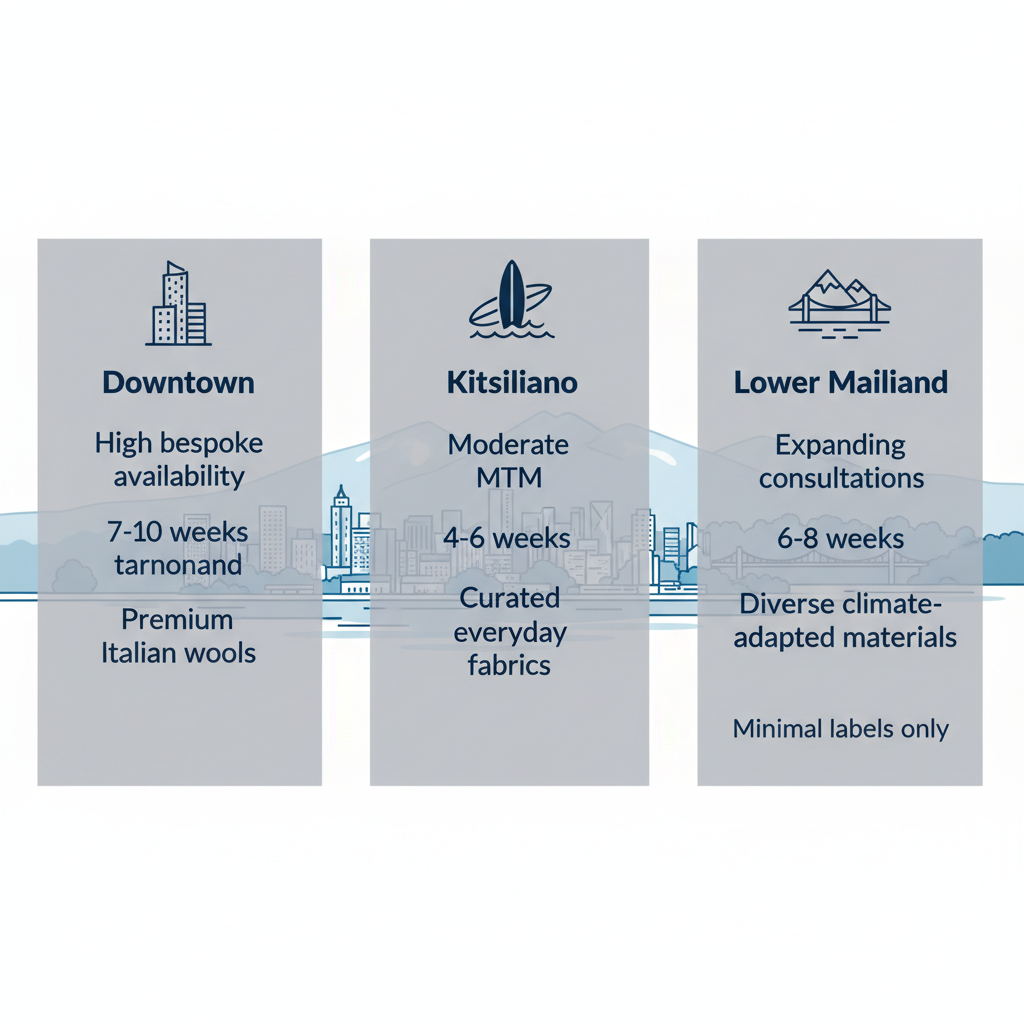 Infographic comparing custom suiting options in Vancouver's Downtown, Kitsilano, and Lower Mainland areas including availability, turnaround times, and fabric types.