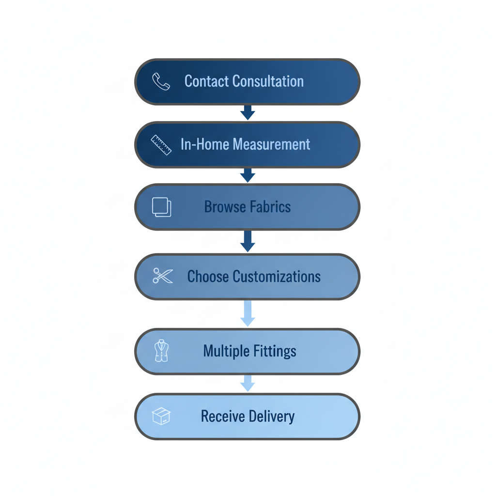 Vertical process flow diagram showing six steps for starting a custom suit in Vancouver with icons for each stage