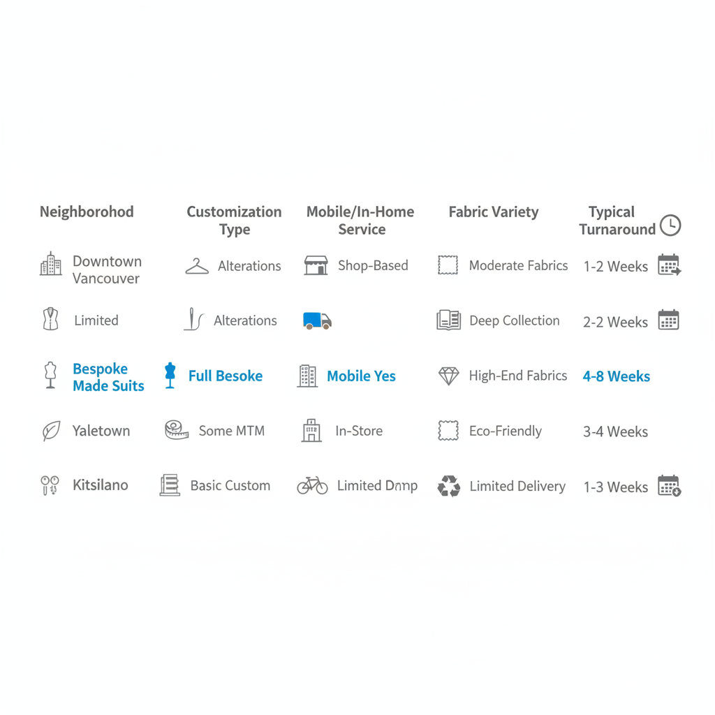Infographic comparing suit customization options across Vancouver neighborhoods including Bespoke Made Suits