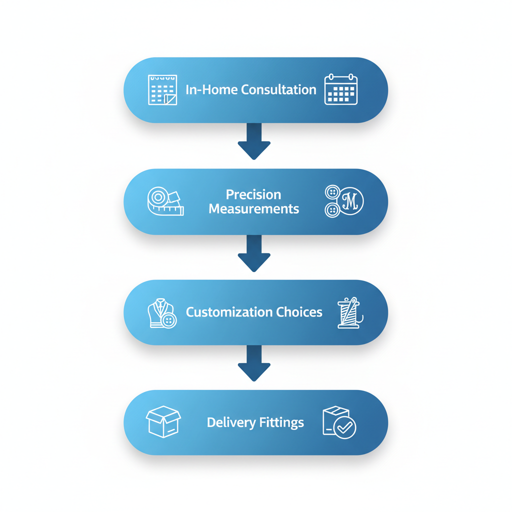 Vertical process flow diagram showing five steps of custom suit service: consultation, measurements, customization, crafting, and delivery with icons.