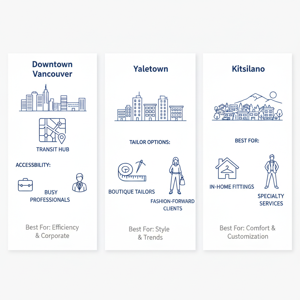 Infographic comparing custom suit tailoring landscapes in Downtown Vancouver, Yaletown, and Kitsilano with icons for accessibility and services